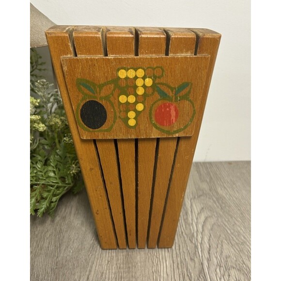 Vintage Knife Holder Wooden Farmhouse Cottage 5 Slot Hand Painted Fruit Design - Picture 1 of 9